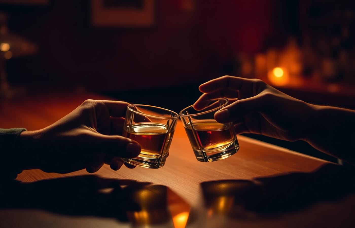 Two hands clinking small tequila tasting glasses across a dim wooden bar